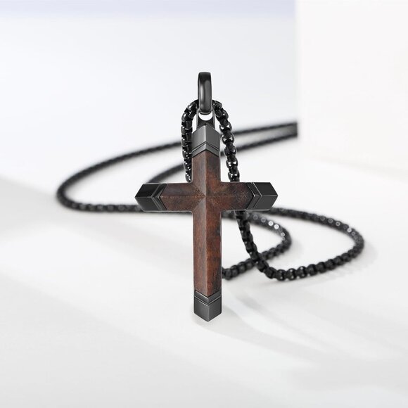 Men's 24" Black Christian Wooden Cross Stainless Steel Box Chain Pendant - Picture 6 of 8